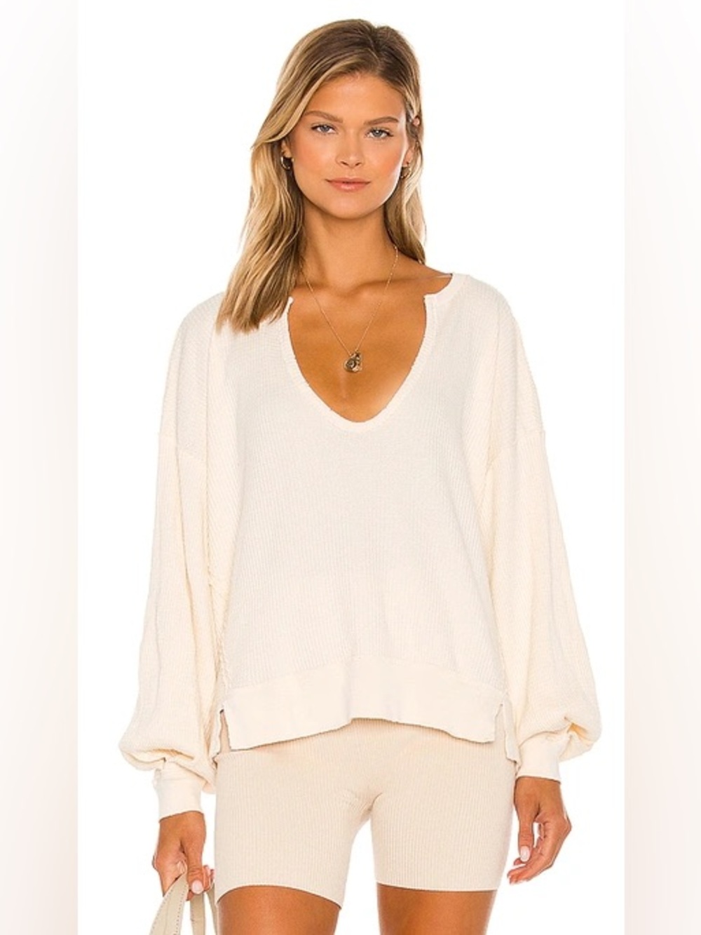 Free People We The Free Buttercup Cream Oversized Thermal Waffle Top L